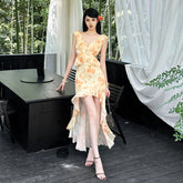 Hollow French retro style V-neck ruffled print dress